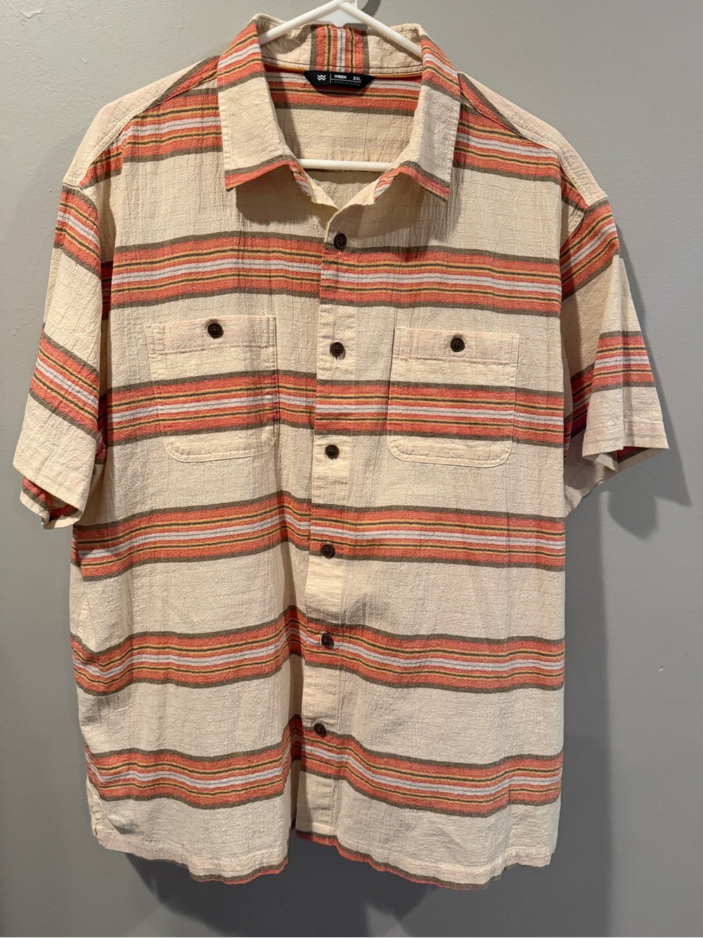 Wren Short-Sleeve Button-Down Shirt in Cream and Orange Stripes
